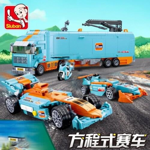 F1 Racing Racer Car Van Station Transport Truck Sets Model Building Block Kids Toys Child Vehicle City