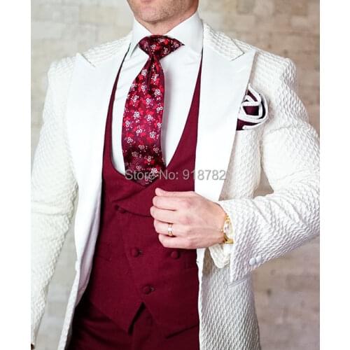 Costume Homme Mariage 2019 Off-White Coat Burgundy Vest Pant Formal Slim Fit Terno Masculino Groom Suits Men Suits For Wedding