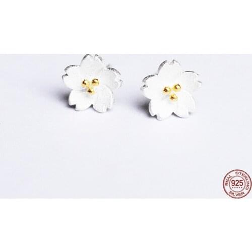 LKO 925 Sterling Silver Three-Dimensional Cherry Blossom Flower Stud Earrings Japanese Simplicity Ornaments For Women Jewelry