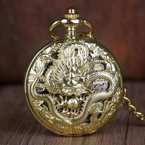 5pcs Retro Vintage Full Godren Pocket Watches Chinese Dragon Design Mechanical Pocket Watches Men Women Gifts Dropshipping