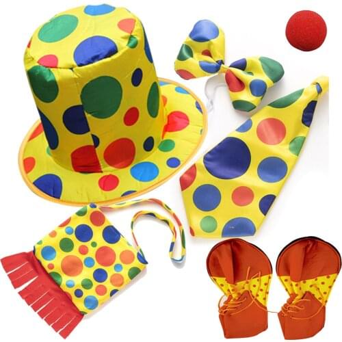 Clown Costume Set Pack Clown Wig Clown Nose Bow Tie Shoes White Gloves for Clown Parties Carnivals Roleplay Props Fancy Dress