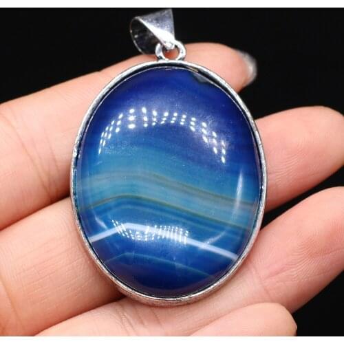Natural Agates Stone Pendants Oval Shape Silver Plated Blue Stripe Agates for DIY Necklace Earrings Jewelry Making Crafts