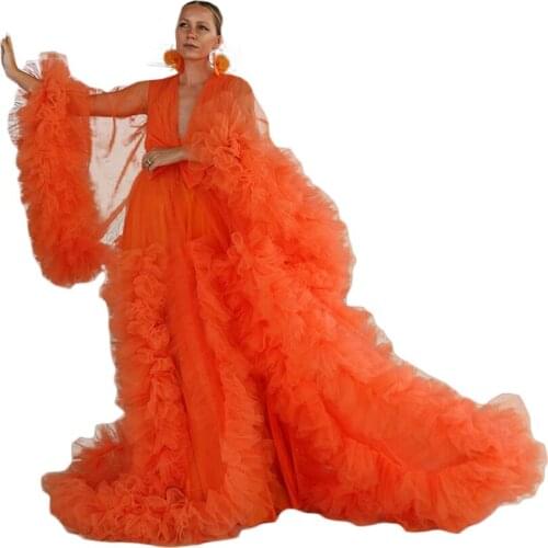 Orange Maternity Robes Evening Dresses Womens Robe Sexy Boudoir Bathrobe Lace Tulle Bridal Robe Illusion Dress Custom Made