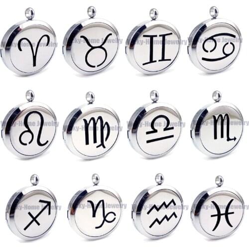 Stainless steel zodiac necklace Aromatherapy Essential Oils Diffuser Locket Necklace with Pads