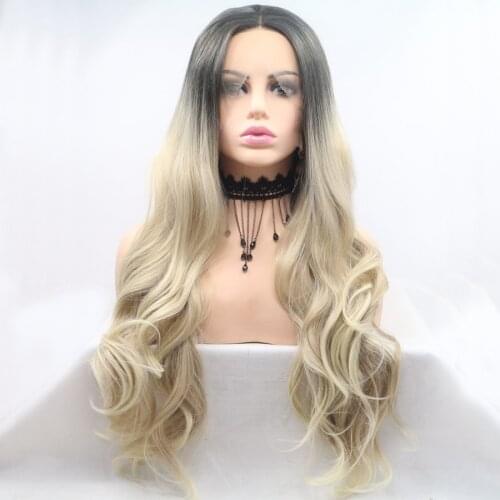 Honey Blonde Ombre Wigs Long Body Wave Synthetic Hair Lace Front Wigs Dark Roots Pre Plucked Cosplay Lace Frontal Wigs For Women