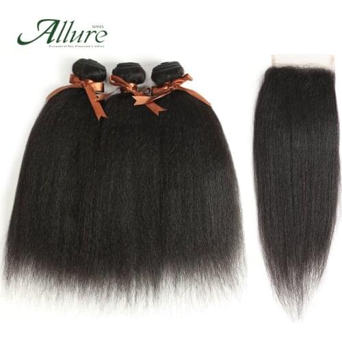Peruvian Kinky Straight Hair Bundles With Closure 3/4 Bundles 100% Human Hair Extensions Remy Hair Fast Free Shipping USA Allure