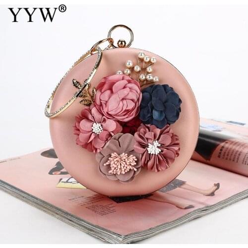 Pink Round Flower Clutch Bag 2021 Womens Fashion Circular Ring Handbag Plastic Pearl Rhinestone Wedding Purse Pochette Femme