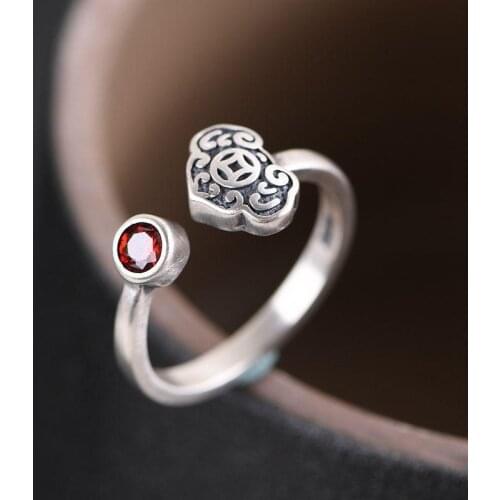S925 silver original design Chinese style retro inlaid red cubic zirconia Thai silver charm exaggerated women ring