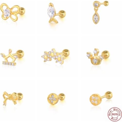 S925 Sterling Silver Helix Earrings Luxury Crown Piercing Stud Earring For Lovers' Couples Birthday Gift CZ Pendientes Jewerly