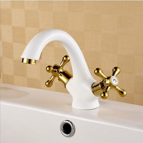 White and Golden hot cold Bathroom Sink taps Deck Mount Brass Two Handle basin faucet Mixers W3001