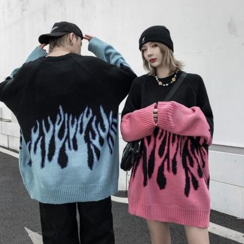 Womens Sweater Winter Thick Warm Retro Flame Hip Hop Knitted Wool Pullover Tops Female Couple Oversize harajuku Sweaters