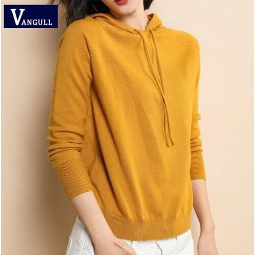 Vangull Autumn Hooded Polluver Knitted Sweater Women Casual Fashion Loose Sweatshirt 2020 Winter Solid Soft Base Knitted Tops