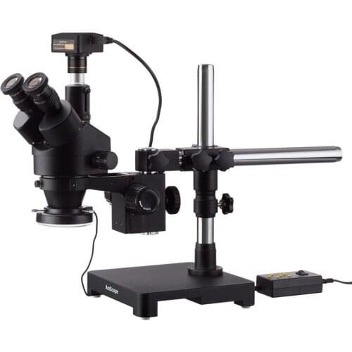 3.5X-45X Black Trinocular Stereo Zoom Microscope on Single Arm Boom Stand + 144 Direction Adjustable LED Ring Light & USB3.0 10M