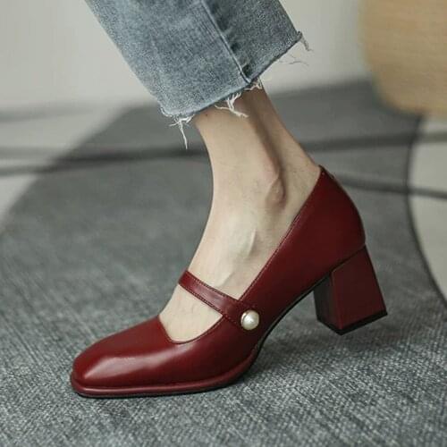 2020 New Fashion Women Shoes Square Toe Mary Janes Shoes Square Heel Dress Shoes Pearl Buckle Pumps High Heels Office Shoe