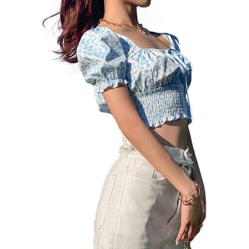 Womens Puff Sleeve Square Collar T-shirt Fashion Street Shoot Retro Fashion Small Floral Top Suitable for Summer (S/M/L)