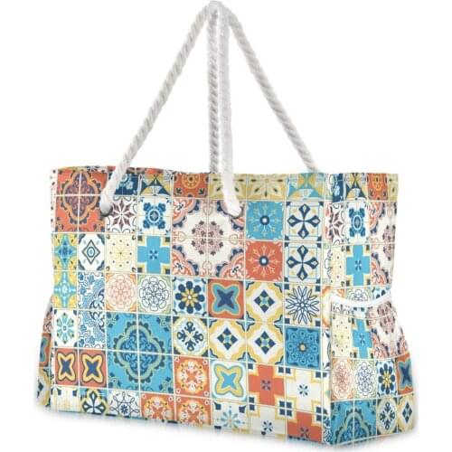 Beach Bag Woman Waterproof Mediterranean Style PatternTote Bags Summer Big Top-Handle Bags Holographic Purse Nylon Handbag