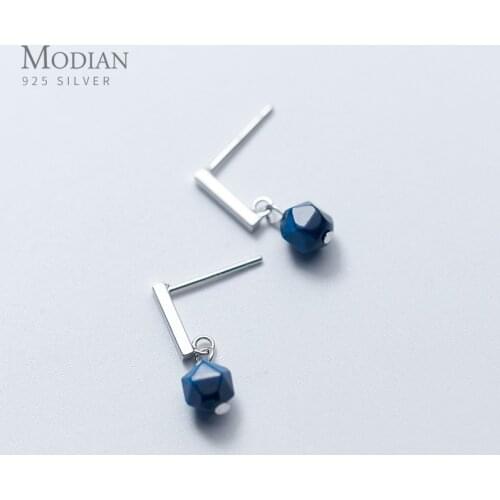 Modian 100% 925 Sterling Silver Blue Crystal Design Drop Earrings for Women Dangle Earing Fashion Classic Statement Jewelry