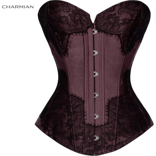 Charmian Womens Plus Size Retro Overbust Corset Sexy Floral Lace Satin Corsets and Bustiers Waist Trainer Shaper