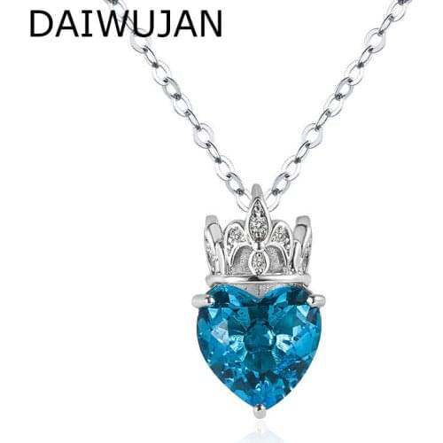 DAIWUJAN Ruby Blue Pink Crystal Heart Pendant Necklaces For Women Silver Color Crown Collares Choker Jewelry Valentines Day