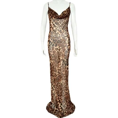 Womens Sexy See Through Mesh Leopard Print Sexy Bodycon Long Dress Sheer Party Club Dresses Summer Beach Coverups