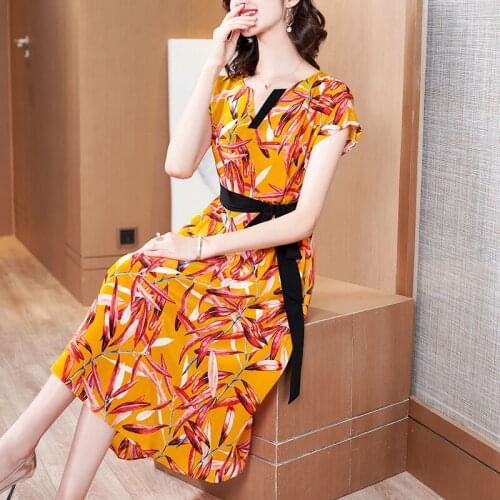 Golden Print Red Leaves Floral Silk Dresses Women Fashion 2021 Summer Long Casual Sexy Office Work Daily Dress Plus Size Slim