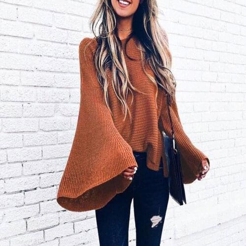 Winter Loose Trumpet Sleeve Loose Bat Pollover Sweater Women Solid Color Long Sleeve Sweater Casual Knitting Sweater2C0293