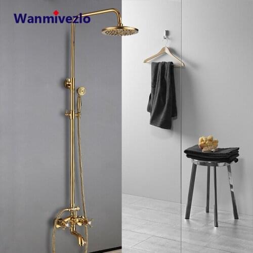 Golden Bathroom Shower Faucet Set Rainfall Shower Head Bath Shower Mixers Tap Dual Handle Bathroom Wall Mounted Shower System
