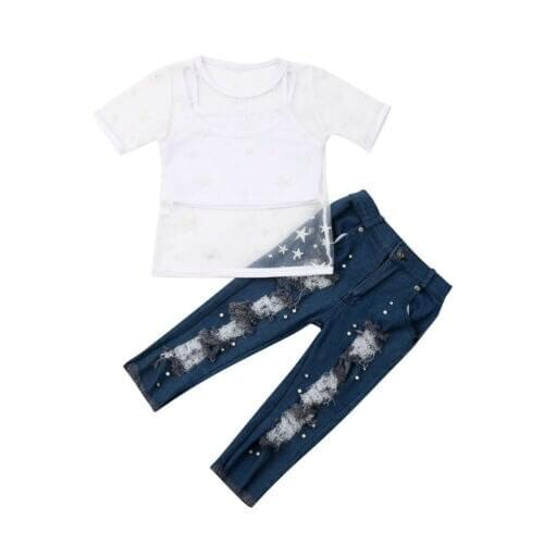 3Pcs Newborn Toddler Baby Girl Mesh Print Clothes Cotton Camis T-shirt+Vest Tops+Jeans Long Pant Kids Denim Outfits Clothing Set