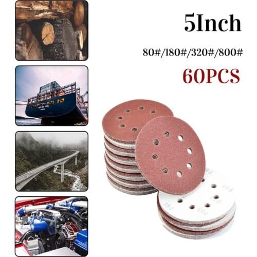60pcs 5 Inch 125mm Round Sandpaper Sanding Disc Eight Hole Disk Sand Sheets Grit 80-800 Hook and Loop Polish Abrasive Tools