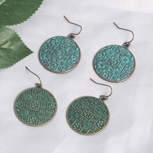 Antique flower Emboss Ethnic Dangle Earrings Copper green Round drop Earrings Fashion women earrings Jewelry gift for festival