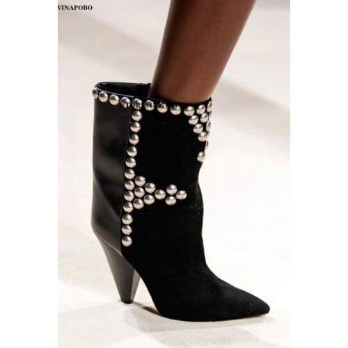Studded Nude BLACK Suede Ankle Boots Womens Ankle Boots Pointed Toe Wedge Heels Short Boots Comfortable Winter Shoes for Women