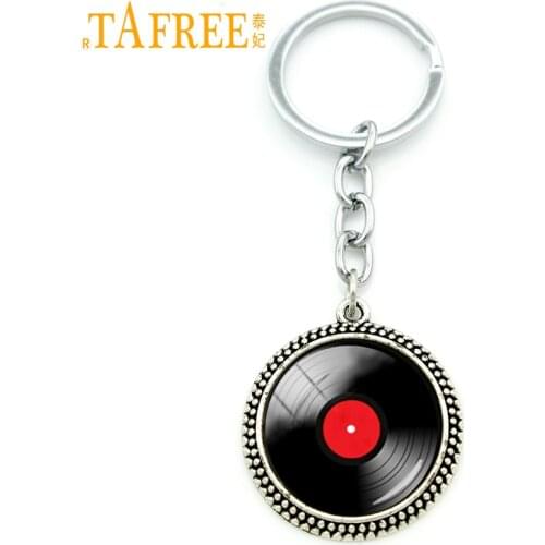 TAFREE Trendy Round Men Body Jewelry Plated Key Chain Vinyl Record LP DJ Retro Music Art Pendant Keychain For Men KC141