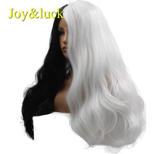 Joy&luck Long Lace Front Wig Natural Wavy Synthetic Cosplay Wigs Half White Half Black Color 28inch Party Custome Wigs for Women