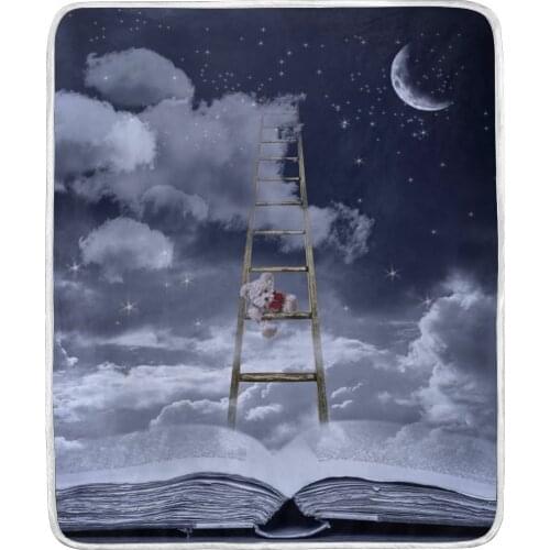Story Book and Bear on Ladder to Sky Nap Flannel Blankets Super Soft Cozy Throw Blanket Warm Bedspread Travel Sofa Cover