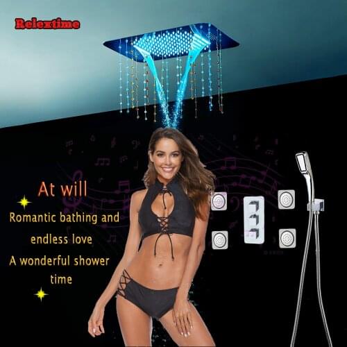 Crystal Pendant Bluetooth Music LED Ceiling Shower head Concealed Thermostatic Bathroom Shower Set Ducha Faucet Tap massage Jets