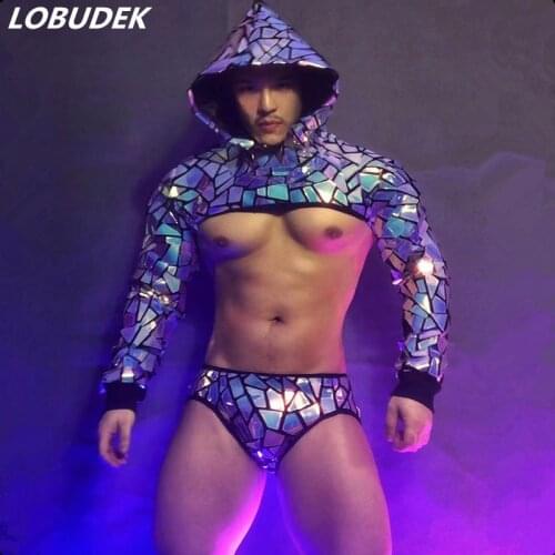 Nightclub Bar Party Show Laser Dance Costume Male Women Dancer Team DJ Gogo Stage Wear Glitter Sequins Mirror Hooded Tops Shorts