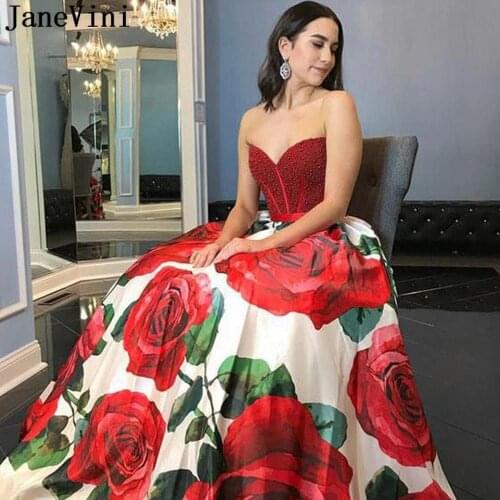 JaneVini Red Floral Evening Dresses Long with Pearls Sweetheart Satin Sleeveless A Line Party Prom Gowns Rose Printed Dress 2021
