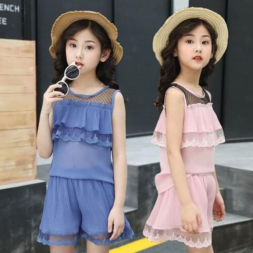 Teen Girls Summer Elegant Chiffon Blouse Shorts Children Set Kids Dress 3...8 10 12 14 Years Beach Lace Pajama Clothes Sets