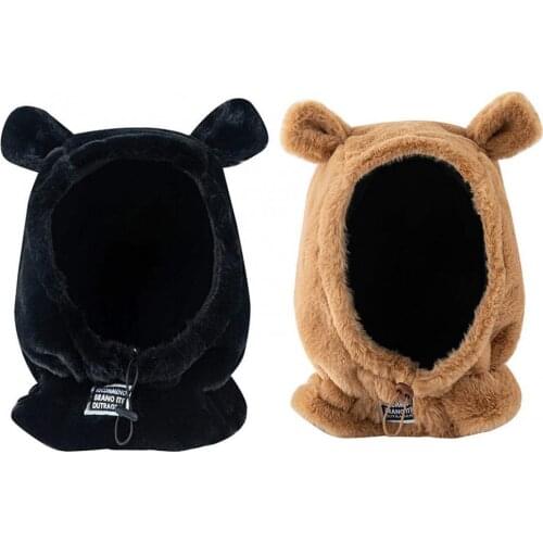 50% Hot Sales Women Winter Cute Bear Ears Design Solid Color Windproof Warm Neck Scarf Caped Hat
