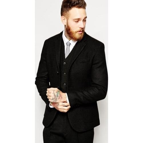 Latest Design Winter Black Tweed Men Suit Slim Fit 3 Piece Fashion Tuxedo Custom Style Suits Groom Prom Blazer Masculino