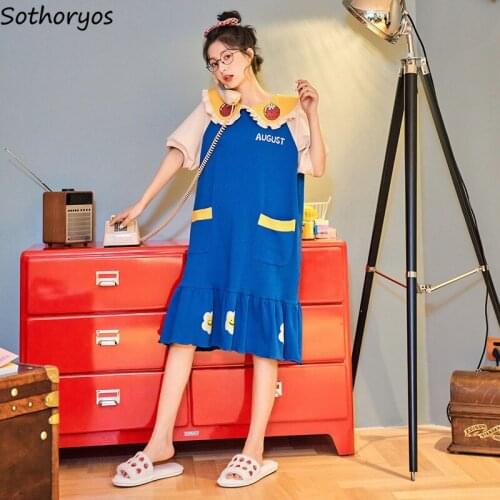 Nightgowns Women Peter Pan Collar Kawaii Pockets Sleepwear Comfortable Sweet Soft Pleated Cartoon Students Korean Style Trendy
