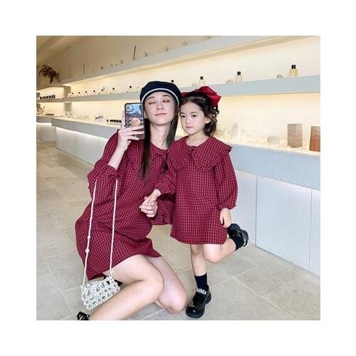 New Mommy and Daughter Matching Dress Fashion Korean Plaid Print Long Sleeve Dress Kids Dresses for Girls Family Look 2-8 Years