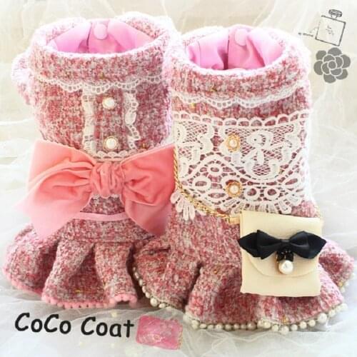 Free Shipping Handmade Luxurious Dog Clothes Ch***L Style Pink Tweed Velvet Bow Pet Coat Dog Dresses Princess Chain Bag Yorkie
