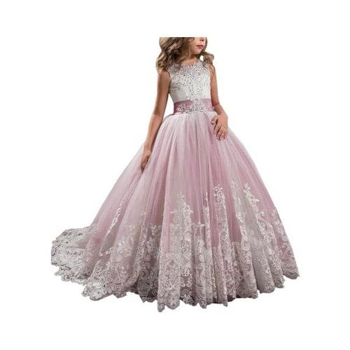 Flower Girl Dresses With Bow Beaded Crystal Lace Up Applique Ball Gown First Communion Dress for Girls Customized Vestidos Longo