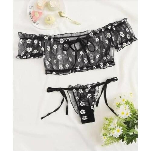 Sexy Womens Lingerie Set, Print Mesh Off Shoulder Top and Panty Two-piece Suit for Honeymoon Theme Party Anniversaries
