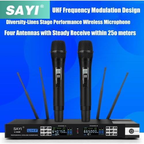 SAYI U-668 4 Antennas Wireless Microphone 2 Channels UHF Professional Handheld Dynamic Mic Performance Stage Show