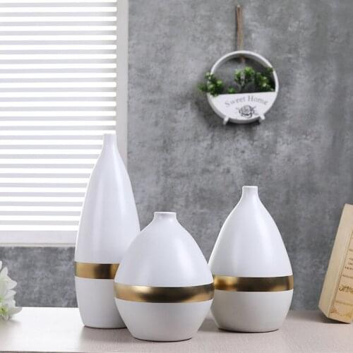 Modern White Gold Line Ceramic Flower Vase Home Ornament Simple Insert Craft Tabletop Vase