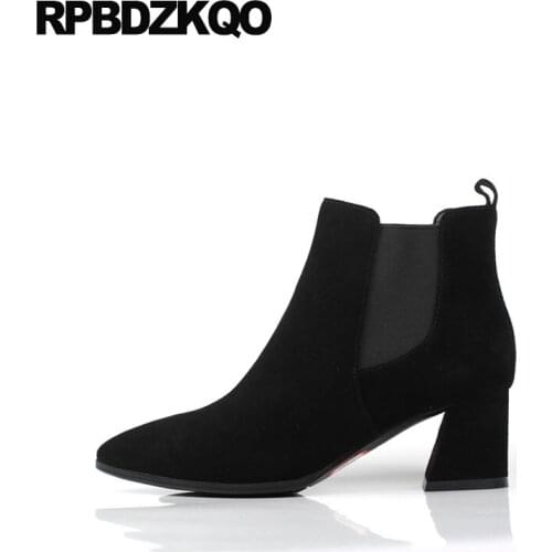 Shoes Chelsea Black Brand Women Winter Boots Genuine Leather Fur High Heel Chunky Ankle Short Big Size 2021 Pointed Toe Suede