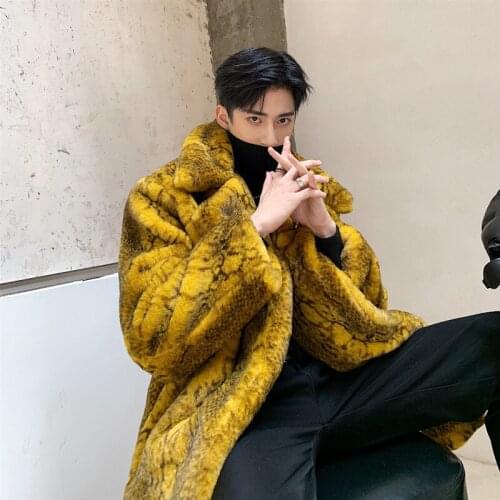 Faux fur windbreaker mens foreign style coat plush loose long coat casual thickening and warmth