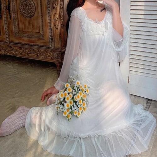 Fairy Night Dress Women Sleepwear White Mesh Lolita Dress Victorian Vintage Nightgown Long Sleeve Lace Peignoir Kawaii Nightwear